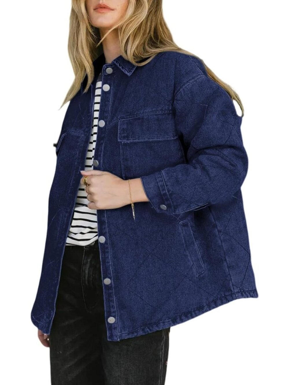 Women’s Navy Blue Long Sleeve Button Down Oversized Denim Jacket Pocket Shacket